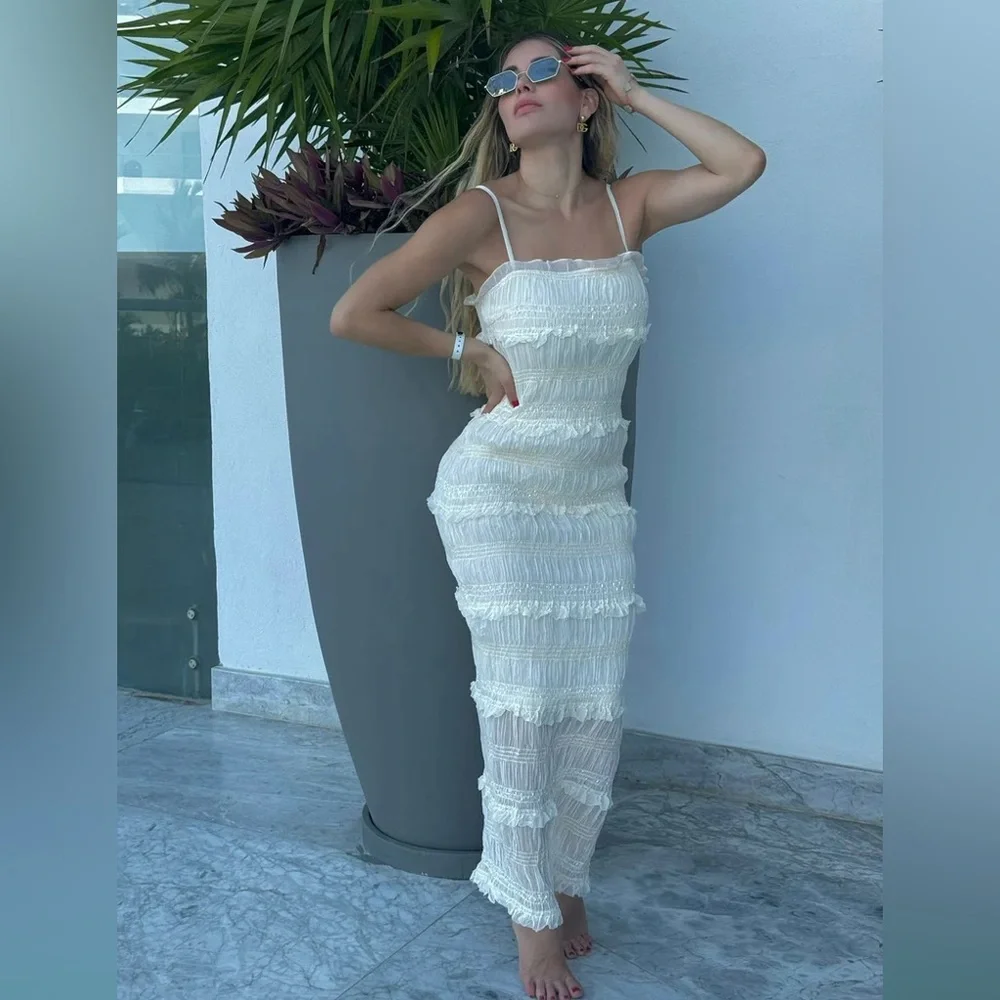 White ruched smocked midi maxi ruffle tiered dress - Picture 5 of 11